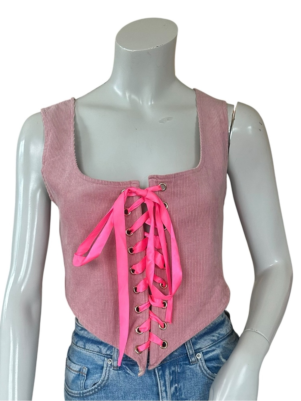 Vanessa Mooney Pale Pink Corduroy Cotton Linen Lace Up Corset Top Size Small